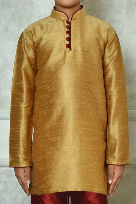Petite Pomme_Gold Silk Straight Mandarin Collar Kurta _at_Aza_Fashions