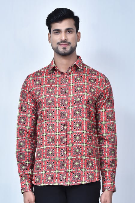 Aryavir Malhotra Red Cotton Printed Shirt at Aza Fashions Aryavir Malhotra_Red Cotton Printed Shirt _at_Aza_Fashions