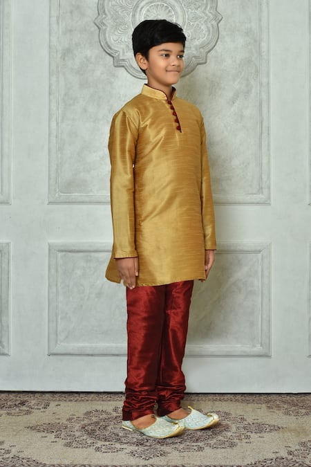 Shop_Petite Pomme_Gold Silk Straight Mandarin Collar Kurta _Online_at_Aza_Fashions