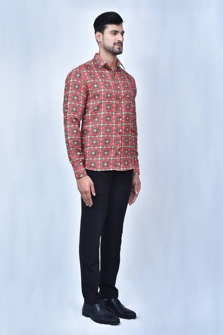 Shop Aryavir Malhotra Red Cotton Printed Shirt Online at Aza Fashions Shop_Aryavir Malhotra_Red Cotton Printed Shirt _Online_at_Aza_Fashions