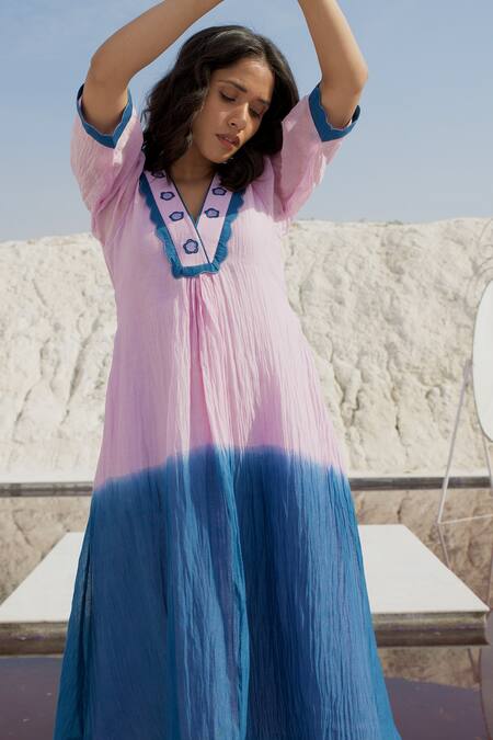 Shop_The Loom Art_Blue Chanderi Silk Embroidery V-neck Ombre V Dress _Online_at_Aza_Fashions