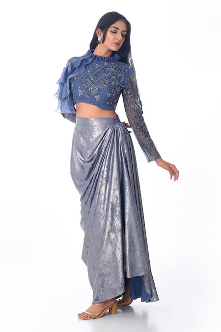 PIRI INDIA_Blue Organza, Tulle, Silk Embroidery Round Neck Hand Crop Top And Cowl Skirt Set _Online_at_Aza_Fashions