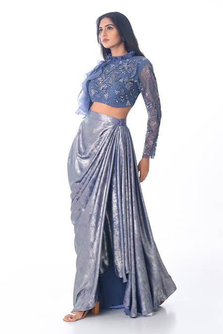Buy_PIRI INDIA_Blue Organza, Tulle, Silk Embroidery Round Neck Hand Crop Top And Cowl Skirt Set _Online_at_Aza_Fashions