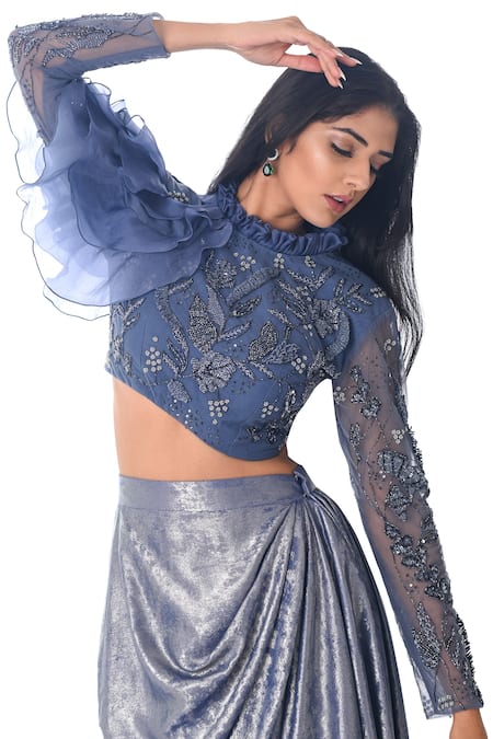 PIRI INDIA_Blue Organza, Tulle, Silk Embroidery Round Neck Hand Crop Top And Cowl Skirt Set _at_Aza_Fashions