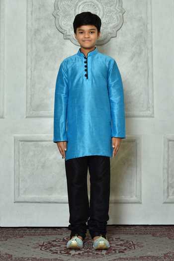 Buy Petite Pomme Blue Silk Mandarin Collar Straight Kurta Online at Aza Fashions Buy_Petite Pomme_Blue Silk Mandarin Collar Straight Kurta _Online_at_Aza_Fashions