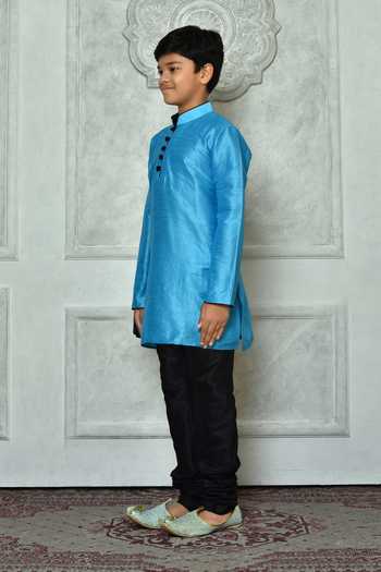 Shop Petite Pomme Blue Silk Mandarin Collar Straight Kurta Online at Aza Fashions Shop_Petite Pomme_Blue Silk Mandarin Collar Straight Kurta _Online_at_Aza_Fashions