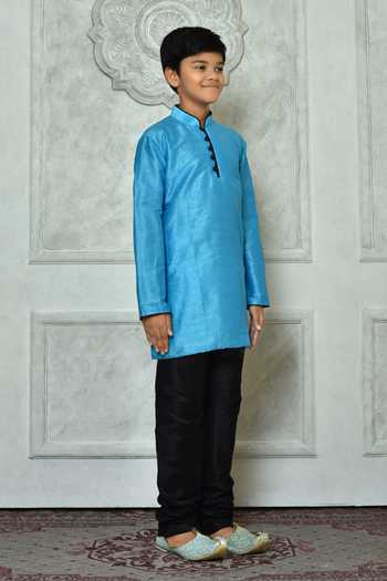 Petite Pomme Blue Silk Mandarin Collar Straight Kurta at Aza Fashions Petite Pomme_Blue Silk Mandarin Collar Straight Kurta _at_Aza_Fashions