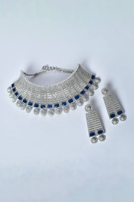 Kohar By Kanika_Blue Stone And Faux Diamond Encrusted Choker Set_Online_at_Aza_Fashions