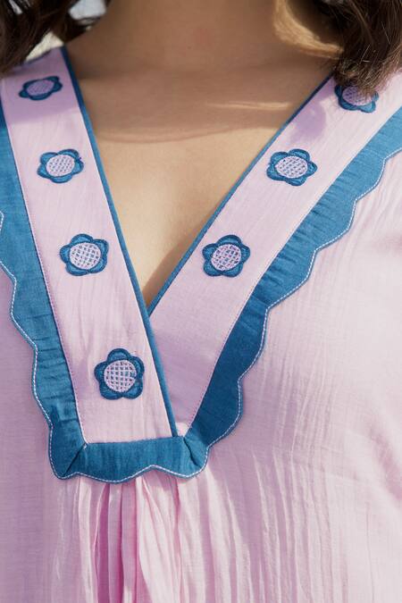 The Loom Art_Blue Chanderi Silk Embroidery V-neck Ombre V Dress _at_Aza_Fashions