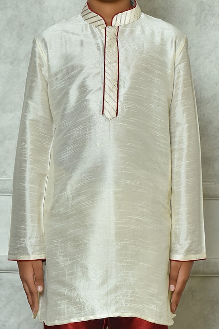 Petite Pomme_Cream Denim, Silk Embroidery Dupion Art Kurta And Churidar Set _Online_at_Aza_Fashions