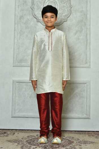 Petite Pomme_Cream Silk Embroidery Dupion Art Kurta _Online_at_Aza_Fashions