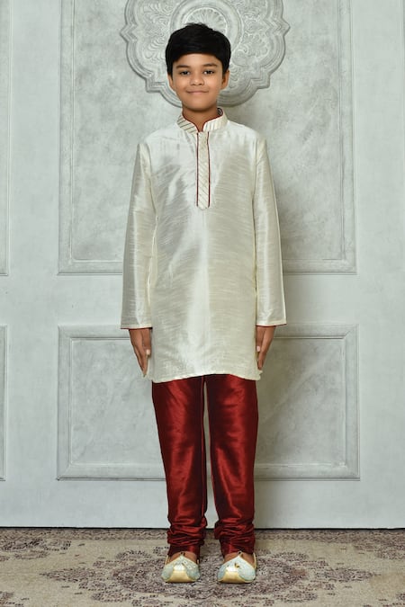 Buy_Petite Pomme_Cream Denim, Silk Embroidery Dupion Art Kurta And Churidar Set _Online_at_Aza_Fashions