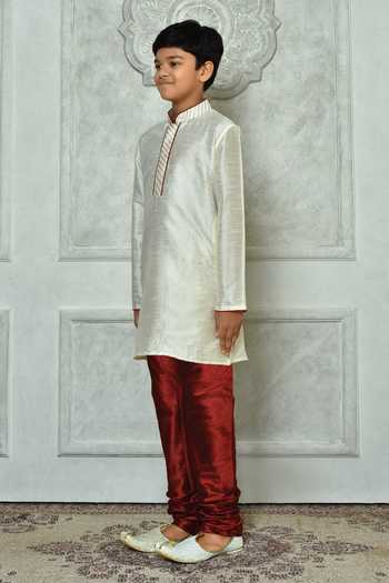 Shop_Petite Pomme_Cream Silk Embroidery Dupion Art Kurta _Online_at_Aza_Fashions