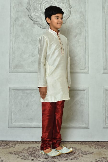 Shop_Petite Pomme_Cream Denim, Silk Embroidery Dupion Art Kurta And Churidar Set _Online_at_Aza_Fashions