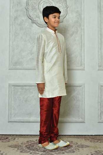 Petite Pomme_Cream Silk Embroidery Dupion Art Kurta _at_Aza_Fashions