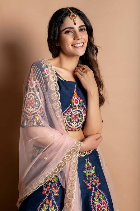 Kesar Studio_Blue Bamboo, Silk, Net Embroidery Round Neck Thread Blouse Lehenga Set_Online_at_Aza_Fashions