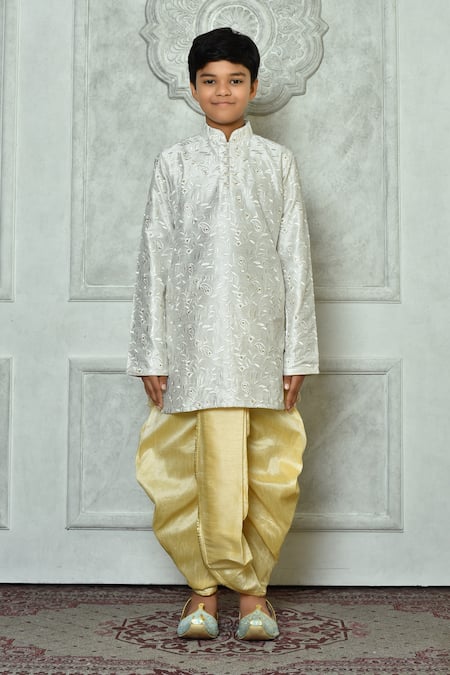 Petite Pomme_Off White Silk Piping Embroidered Paisley Patterned Kurta And Dhoti Pant Set _at_Aza_Fashions