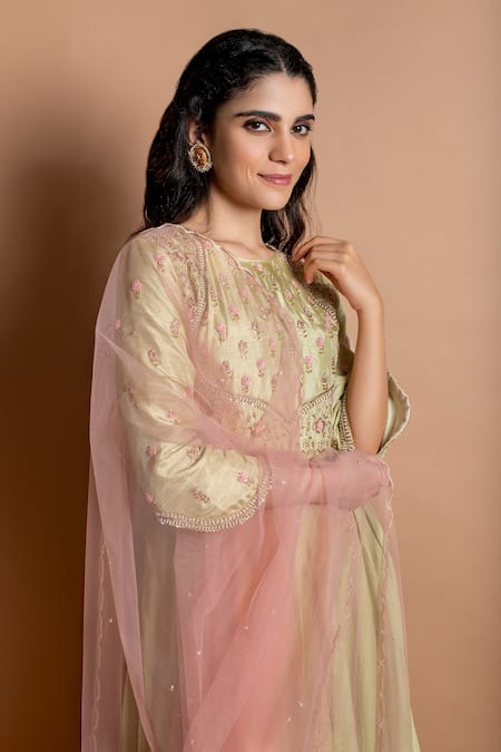Kesar Studio_Green Bamboo, Silk, Net Cut Work, Double Layered Anarkali With Dupatta_Online_at_Aza_Fashions