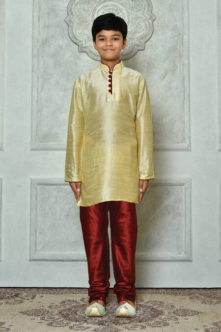 Petite Pomme_Beige Silk Straight Mandarin Collar Kurta _Online_at_Aza_Fashions