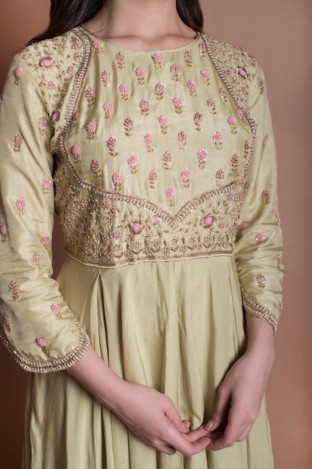 Buy_Kesar Studio_Green Bamboo, Silk, Net Cut Work, Double Layered Anarkali With Dupatta_Online_at_Aza_Fashions