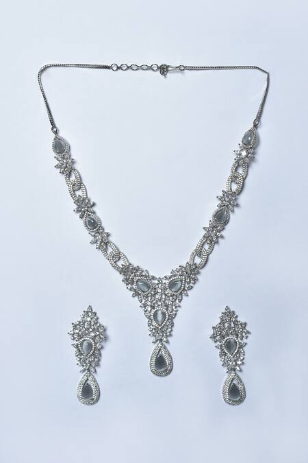 Buy_Kohar By Kanika_Grey Faux Diamonds And Stone Studded Pendant Necklace Set_Online_at_Aza_Fashions