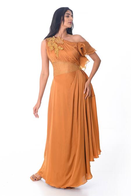 PIRI INDIA_Yellow Organza, Satin Embroidery One Shoulder Sleeve Cocktail Gown _Online_at_Aza_Fashions