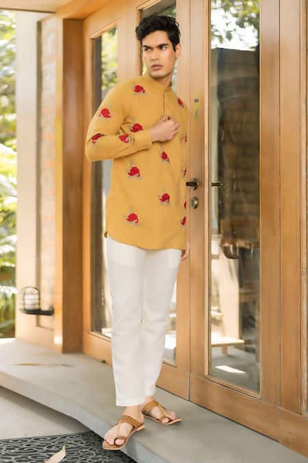 Vaani Beswal_Yellow Handloom Cotton Embroidery Haider Short Kurta _Online_at_Aza_Fashions