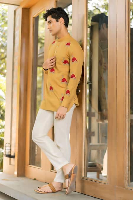 Buy_Vaani Beswal_Yellow Handloom Cotton Embroidery Haider Short Kurta _Online_at_Aza_Fashions