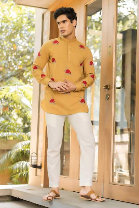 Shop_Vaani Beswal_Yellow Handloom Cotton Embroidery Haider Short Kurta _Online_at_Aza_Fashions