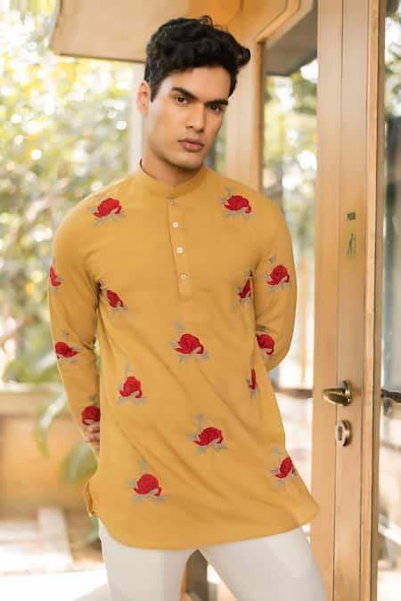 Vaani Beswal_Yellow Handloom Cotton Embroidery Haider Short Kurta _at_Aza_Fashions