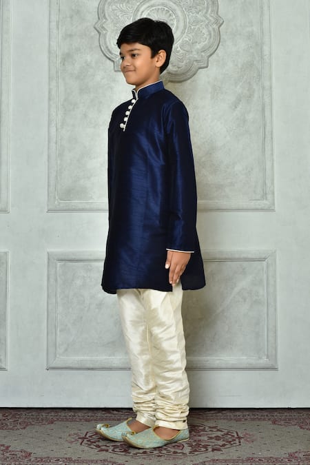 Shop_Petite Pomme_Blue Silk Contrast Half Button Placket Kurta _Online_at_Aza_Fashions