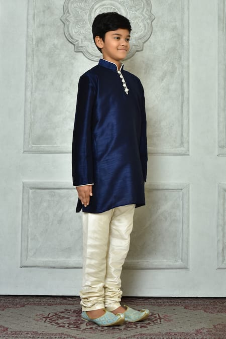 Petite Pomme_Blue Silk Contrast Half Button Placket Kurta _at_Aza_Fashions