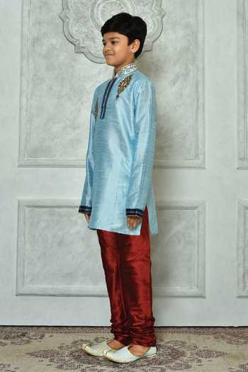 Shop_Petite Pomme_Blue Silk Beads, Stones Placement Embroidered Full Sleeve Kurta _Online_at_Aza_Fashions
