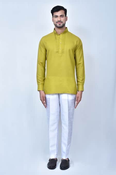 Buy_Arihant Rai Sinha_Green Cotton, Silk Solid Pleated Collar Kurta Set _Online_at_Aza_Fashions