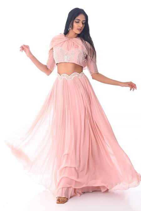 Buy_PIRI INDIA_Pink Organza, Georgette Embroidery Round Neck Hand Crop Top And Lehenga Set _Online_at_Aza_Fashions