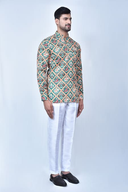Buy_Arihant Rai Sinha_Green Cotton, Silk Printed Short Kurta And Pant Set 