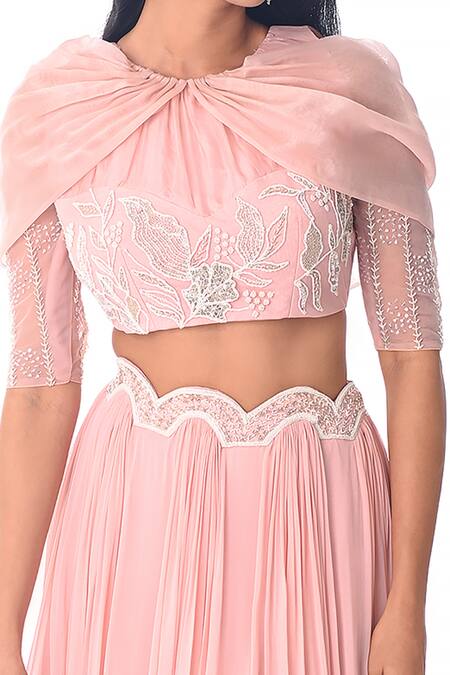 Shop PIRI INDIA Pink Organza, Georgette Embroidery Round Neck Hand Crop Top And Lehenga Set Online at Aza Fashions Shop_PIRI INDIA_Pink Organza, Georgette Embroidery Round Neck Hand Crop Top And Lehenga Set _Online_at_Aza_Fashions