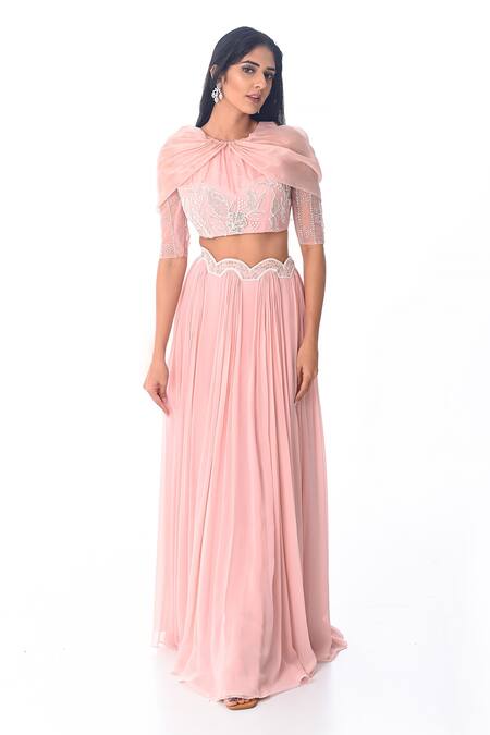 PIRI INDIA_Pink Organza, Georgette Embroidery Round Neck Hand Crop Top And Lehenga Set _at_Aza_Fashions