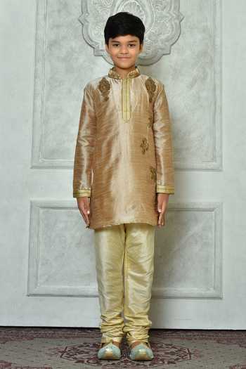 Buy_Petite Pomme_Brown Silk Stones, Beads Work Full Sleeve Kurta _Online_at_Aza_Fashions