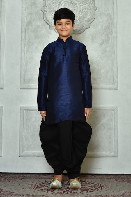 Buy_Petite Pomme_Blue Silk, Polyester, Cotton Plain Kurta And Black Dhoti Pant Set _Online_at_Aza_Fashions