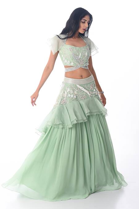 Buy_PIRI INDIA_Green Organza, Georgette Embroidery Scoop Neck Blouse And Ruffle Lehenga Set _Online_at_Aza_Fashions