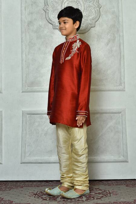 Shop_Petite Pomme_Red Silk Stones, Beads Work Placement Full Sleeve Kurta _Online_at_Aza_Fashions