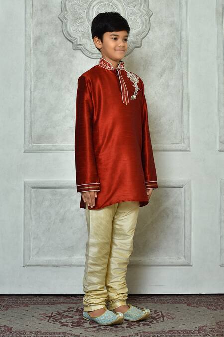 Petite Pomme_Red Silk Stones, Beads Work Placement Full Sleeve Kurta _at_Aza_Fashions