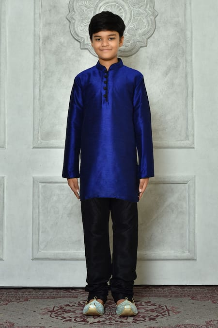 Petite Pomme_Blue Silk Half Button Placket Kurta _Online_at_Aza_Fashions