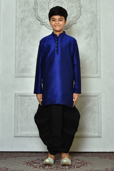 Shop_Petite Pomme_Blue Silk, Cotton Kurta And Black Pleated Dhoti Pant Set _Online_at_Aza_Fashions