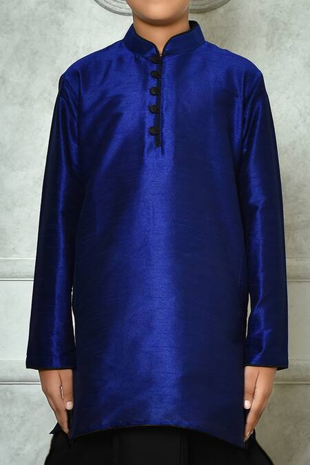 Petite Pomme_Blue Silk, Cotton Kurta And Black Pleated Dhoti Pant Set _at_Aza_Fashions