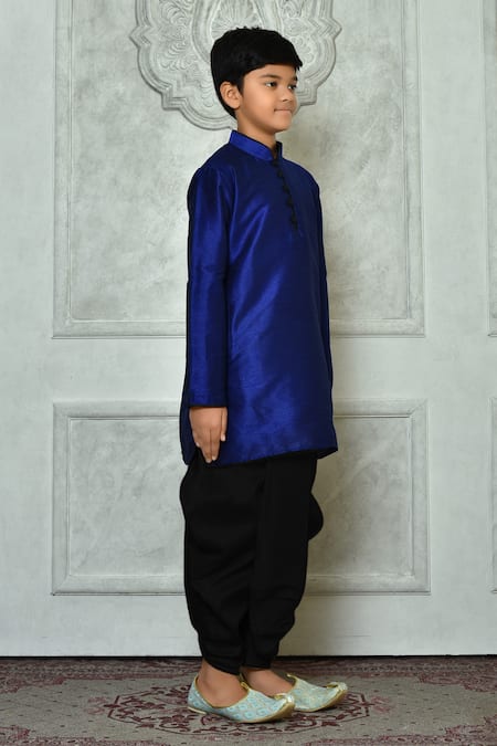 Buy_Petite Pomme_Blue Silk, Cotton Kurta And Black Pleated Dhoti Pant Set 