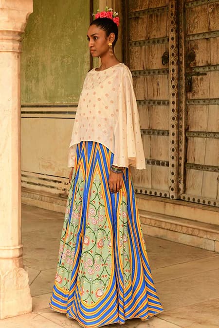 Swati Vijaivargie_Blue Silk Embroidery Deewani Cape And Lehenga Set _Online_at_Aza_Fashions