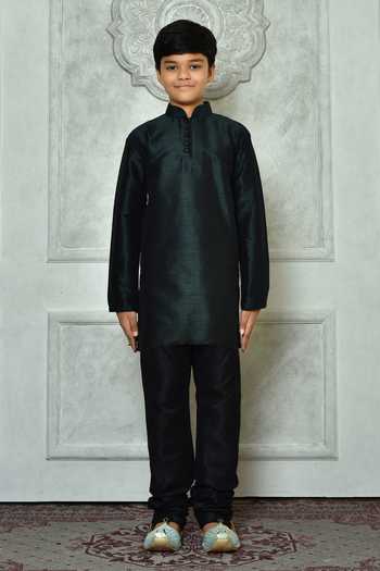 Petite Pomme_Green Silk Half Button Placket Plain Kurta _Online_at_Aza_Fashions