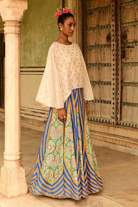 Buy_Swati Vijaivargie_Blue Silk Embroidery Deewani Cape And Lehenga Set _Online_at_Aza_Fashions